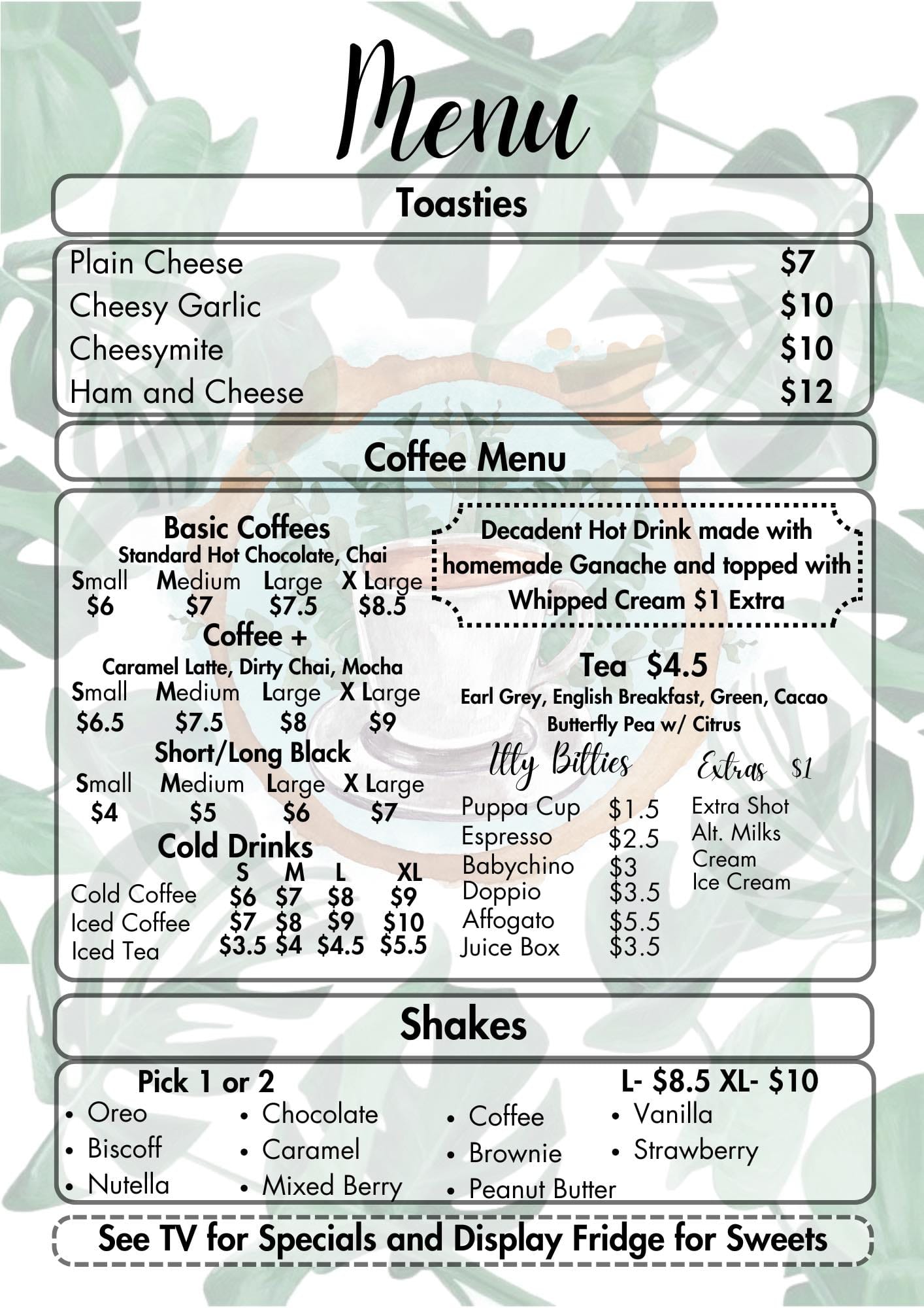 Mugs and Kisses Menu